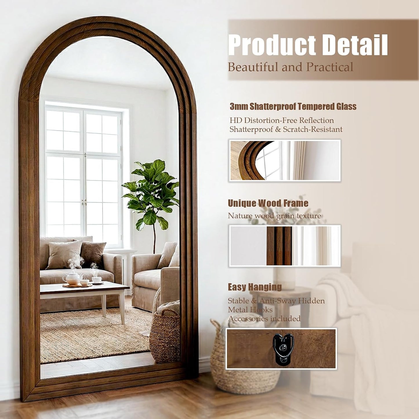 30"x71" Full Length Mirror Solid Wood Frame, Arched Floor Mirror Full Length with Stand, Room Decor Big Full Body Mirror with HD Tempered Glass for Bedroom, Living Room, Walnut Wood