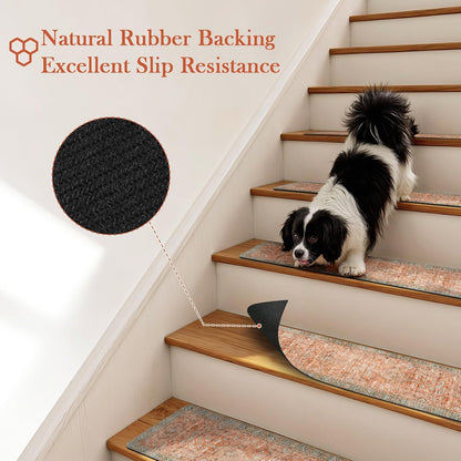 Tiveney Stair Treads Non Slip 15PCS 8"x30" Stair Runner, Rubber Backing Carpet Stair Treads for Wooden Steps, Washable Safety Carpet for Stairs Khaki Indoor Staircase Step Treads for Kids Elder Dogs