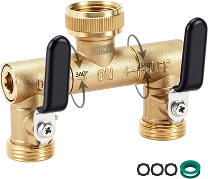 2 Way Garden Hose Splitter, Brass Y-Valve Hose Splitter. | Brass Garden Hose Splitter, 2 Way Heavy Duty Faucet Splitter with Shut Off Valve, 3/4" GHT Thread, Hose Bib Adapter