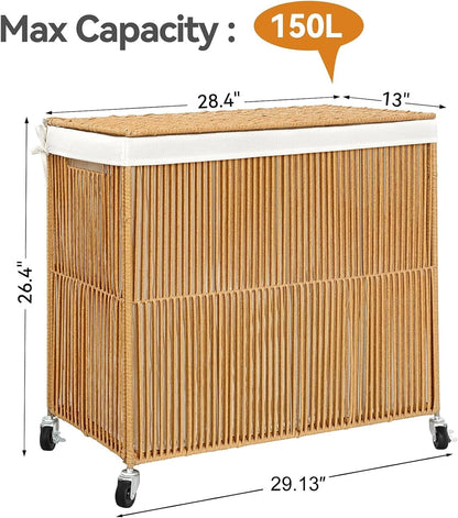 WOWLIVE Laundry Hamper with Wheels, 160L Handwoven Rolling Laundry Basket 3 Section with Lid, Clothes Hamper with Removable Liner Bags, Large Capacity Laundry Sorter Laundry Room Organization, Natural