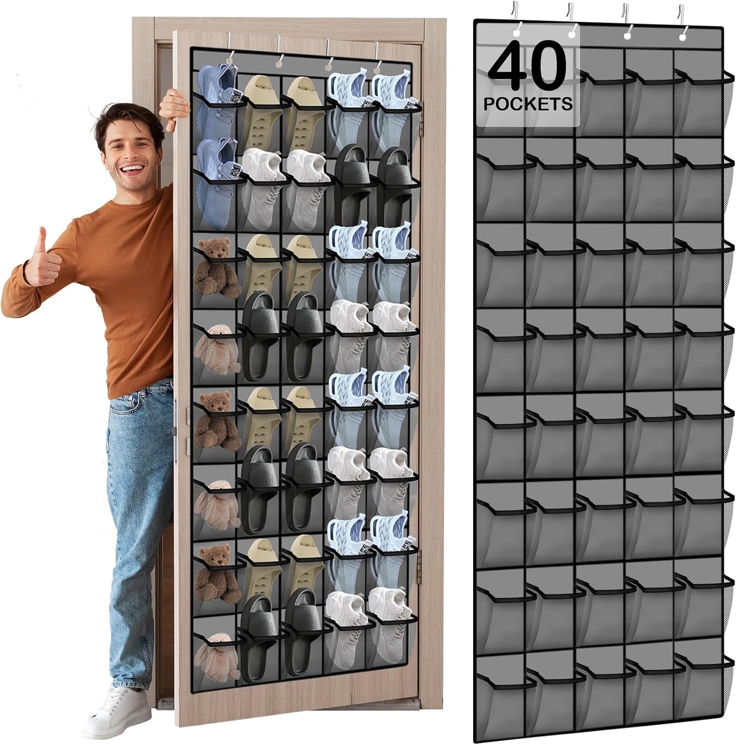 Over the Door Shoe Organizer - 24 Large Breathable Mesh Pockets, Space Saving Hanging Shoe Organizer with Metal Hooks, Hanging Shoe Rack for Men's and Women's Shoes (White)