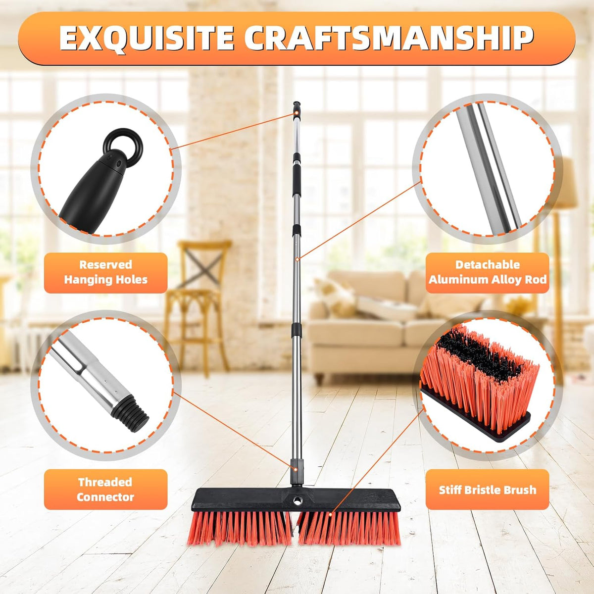 Push Broom, Swap Sides Handle Push Broom, Heavy Duty Outdoor Broom with 55" Long Handle for Cleaning of Patios, Driveways, Garages, Patios, Warehouses and Concrete Floors, 18 Inches