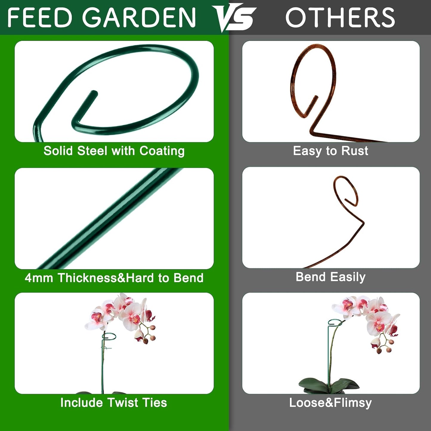 FEED GARDEN 16 Inch 12 Pack Plant Support Stakes, Metal Garden Flower Stakes and Supports for Outdoor Plants, Plant Stem Support with 24 Twist Ties for Amaryllis Lily Rose Peony Tomatoes Gladiolus