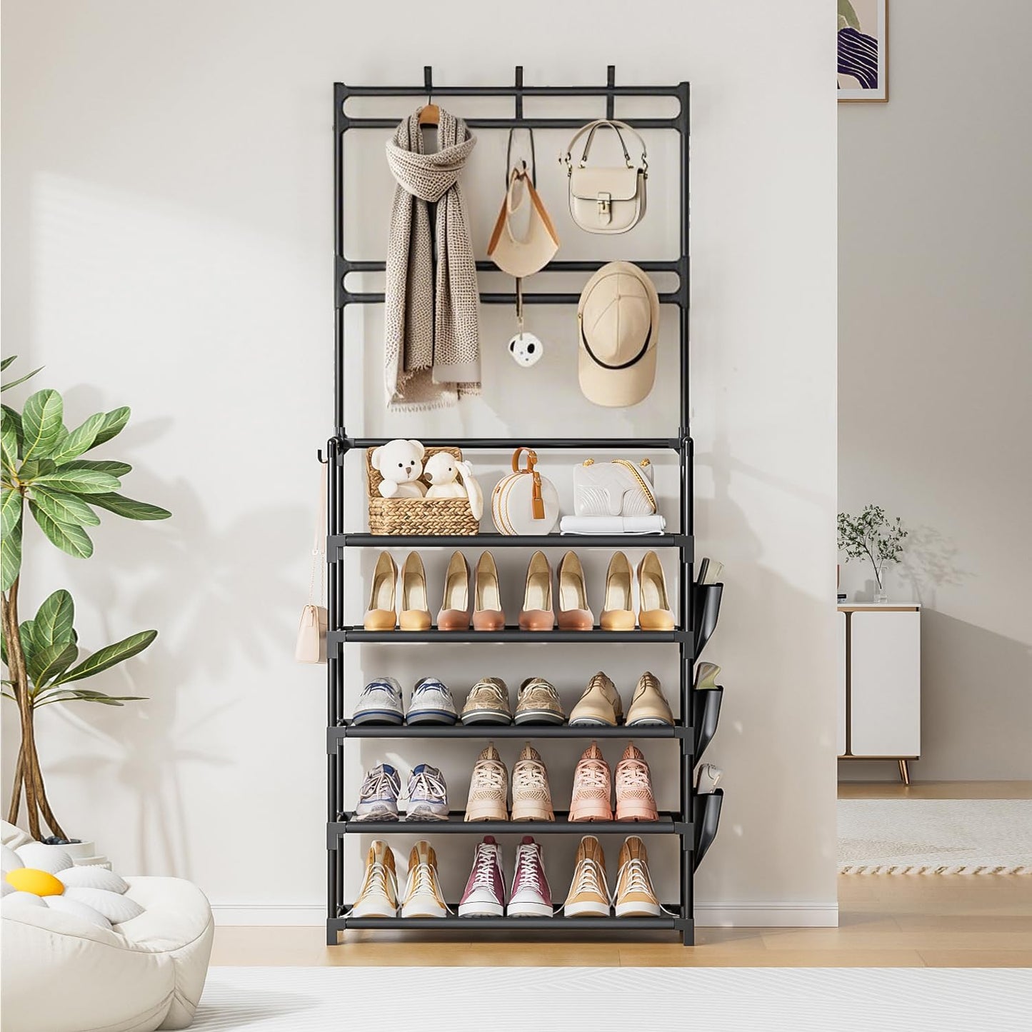 OYREL Shoe Rack 5 Tier Shoe Organizer Storage 15-20 Pairs Shoes Rack for Closet Entrance Shoe Rack Organizer with Hooks and Side Pocket Entryway Shoe Holder Space Saving Free Standing Shoe Racks