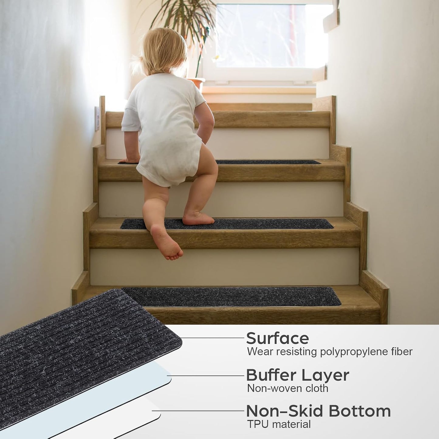 Homoyoyo 2Pcs Garage Stair Treads: Stair Treads Collection Indoor Skid Slip Resistant Skid Resistant Carpet Glue-Free Self-Adhesive Anti-Slip Mats Double Stripes for Repeated Use (Black,29X8X0.2inch)