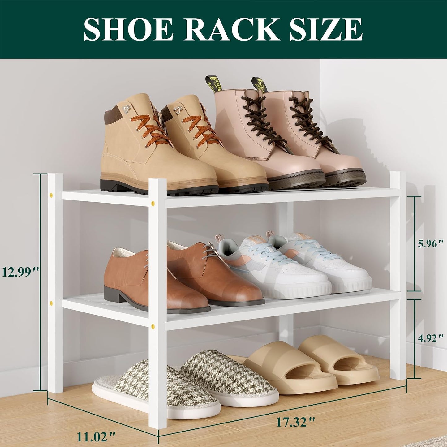 Smiry Bamboo Shoe Rack, 3 Tier Free Standing Wooden Shoe Organizer, Stackable Wood Shoe Storage Shelf for Closet, Entryway, 5 Horizontal Slats, 26.8"x11"x18.3", Natural
