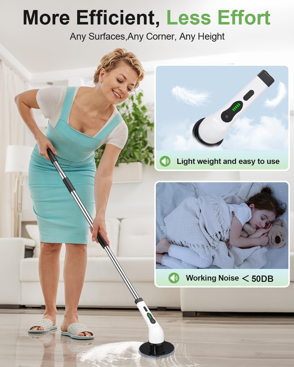 6-in-1 Cordless Electric Spin Scrubber with Long Handle | Power scrubber, bathroom scrubber, 47.2 in long handle, 2 speed scrub brush, IPX7 rated body, kitchen, tile, tub, floor