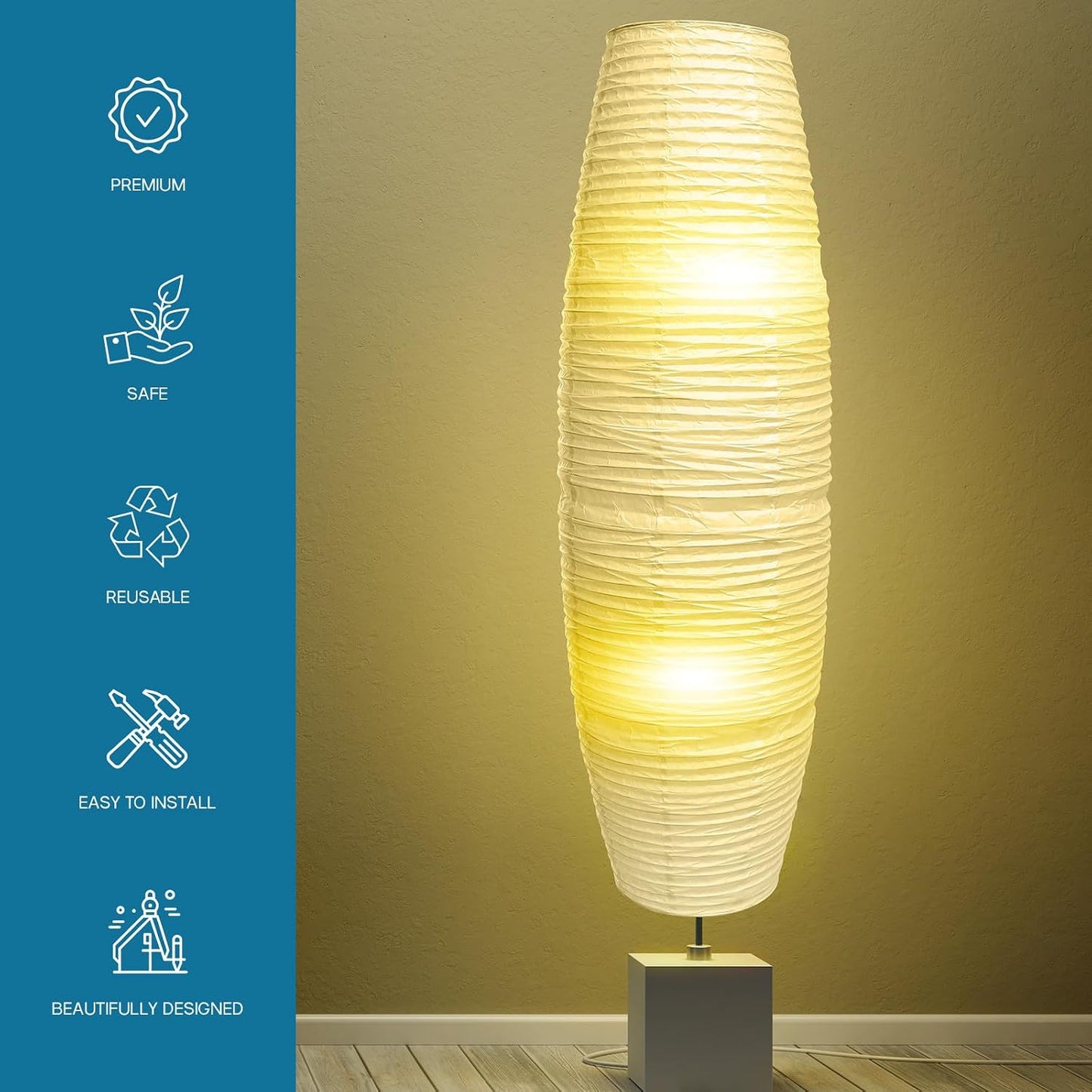 Toyvian Paper Floor Lamp Shade Replacement, Modern Tall White Foldable Rice Paper Cover Nordic Style Minimalist Standing Lamp Shade for Living Room Bedroom (43.3×12.6×7.8inch)
