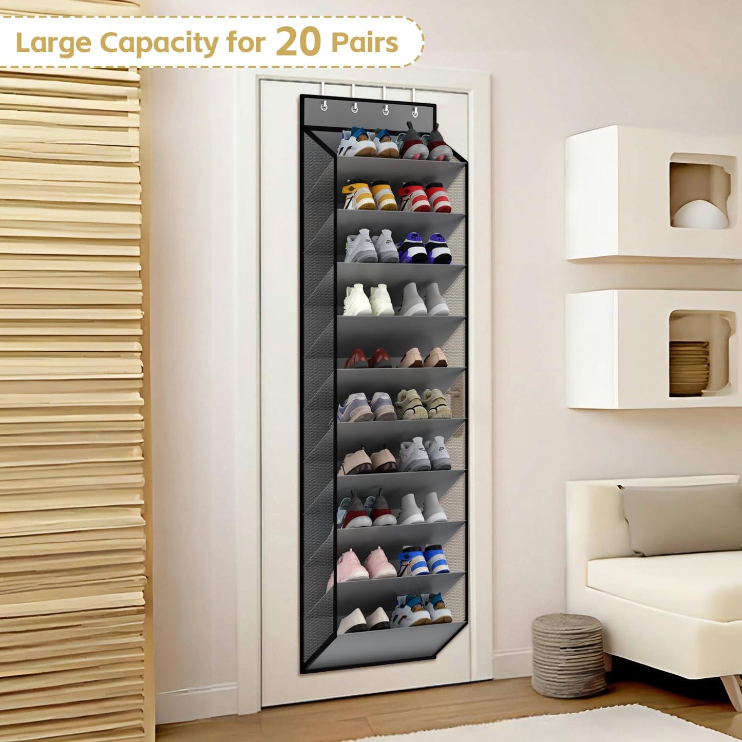 KEEPJOY Over the Door Shoe Organizer, Hanging Shoe Organizer with 4 Hooks, Shoe Holder with 14 Mesh Pockets Closet Door Shoe Storage Bag (White-2Pack)