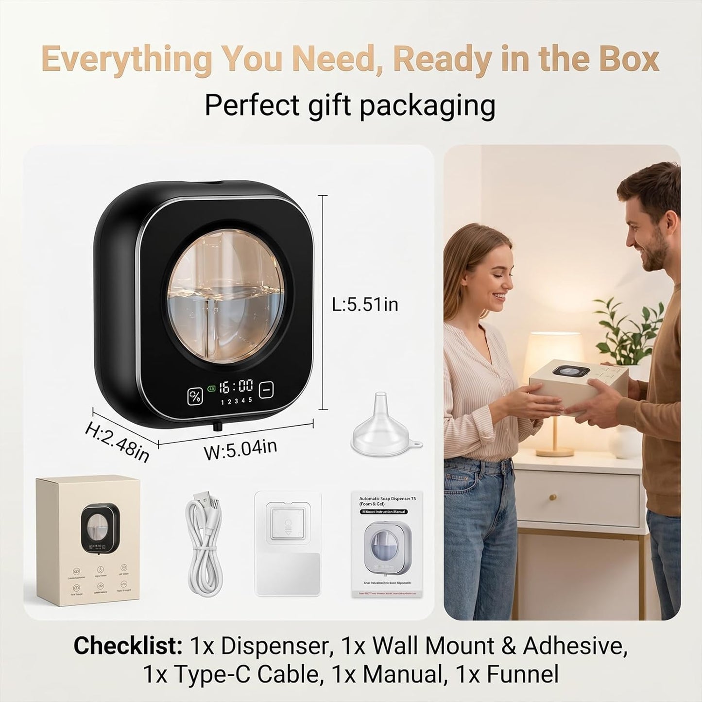 Automatic Foam Soap Dispenser Bathroom,Wall Mounted Touchless Foaming Soap Dispenser Rechargeable with Smart LCD Display & 5-Level Adjustable Foam,Electric Dispenser for Kitchen Office (White)