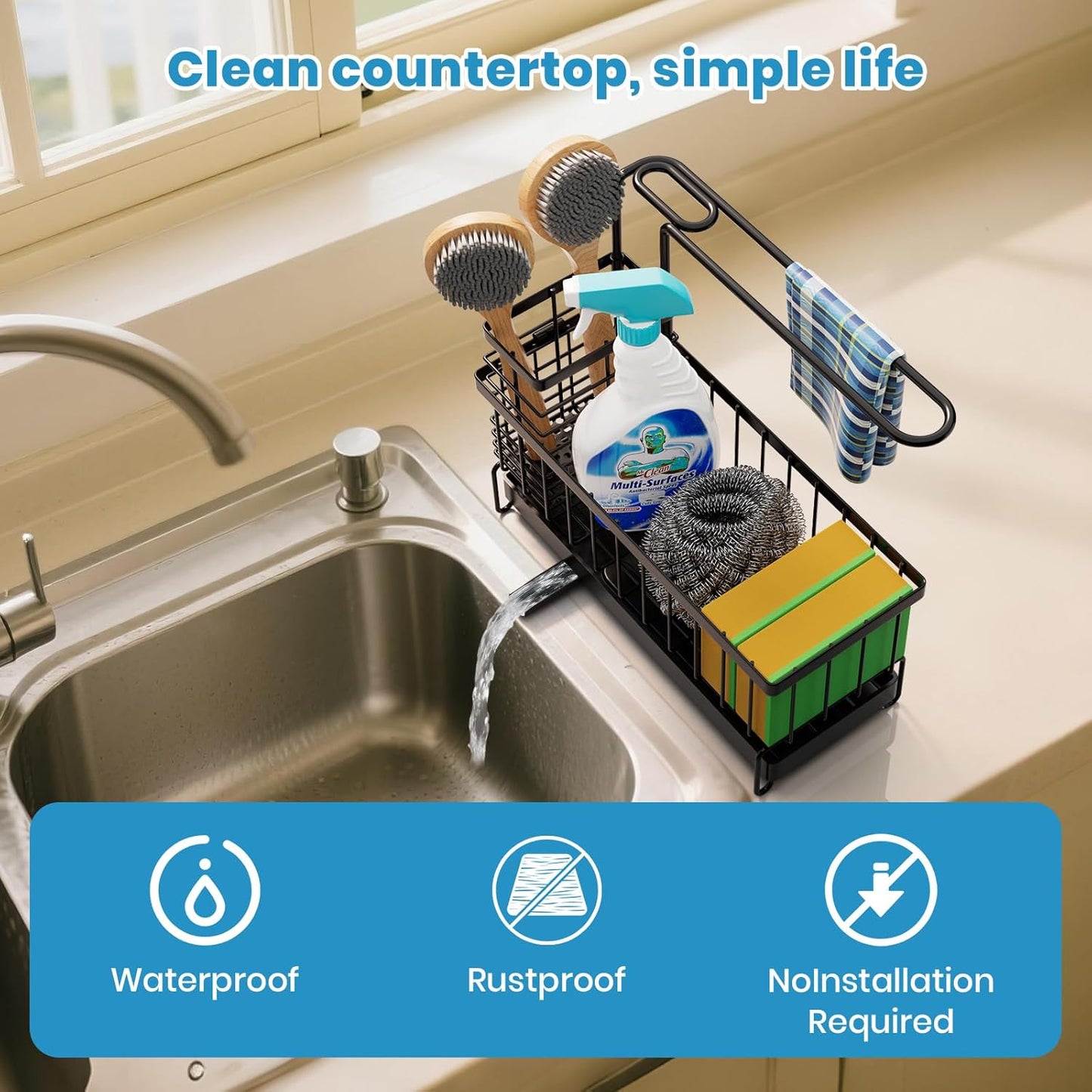 Kitchen Sink Caddy, Sponge Holder with Towel Holder, Kitchen Holder for Sink with 360 Degree Rotating Drain, Carbon Steel Rustproof, Kitchen Sink Caddy Sponge Holder for Gadgets and Decor
