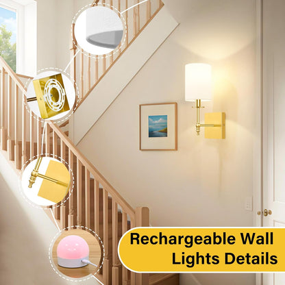 24.8 Inch Black Battery Operated Wall Sconces Set of 2, Rechargeable Wireless Wall Lights with Remote & White Fabric Shade, Indoor Not Hardwired Dimmable Wall Lamps for Bedroom, 2 Bulbs Included