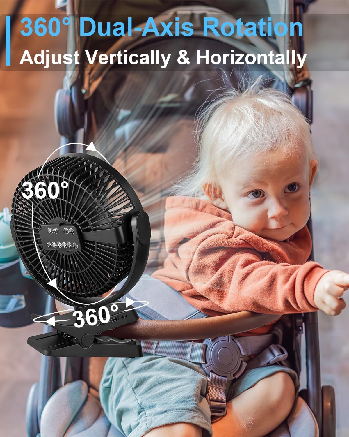 Portable Fan with Remote Control & Timer & LED Lights, 60hrs 12000mAh USB Rechargeable Battery，Clamp/Hanging/Stand Up, Small Clip on Fan for Baby Stroller, Bed, Desk, Camping Tent, Travel