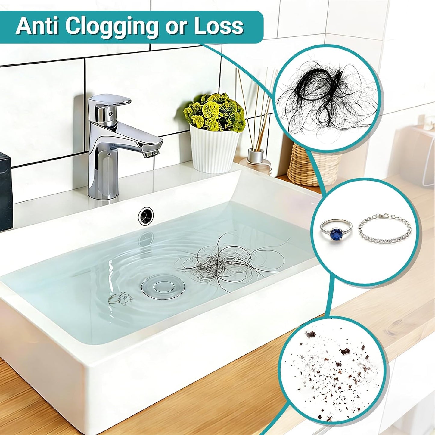 Bathroom Sink Drain Strainer, Pop-Up Sink Stopper Hair Catcher, Anti-Clog with Removable Stainless Steel Filter Basket, Universal for US Standard Drain Stopper Replacement (Silver, 2pcs)