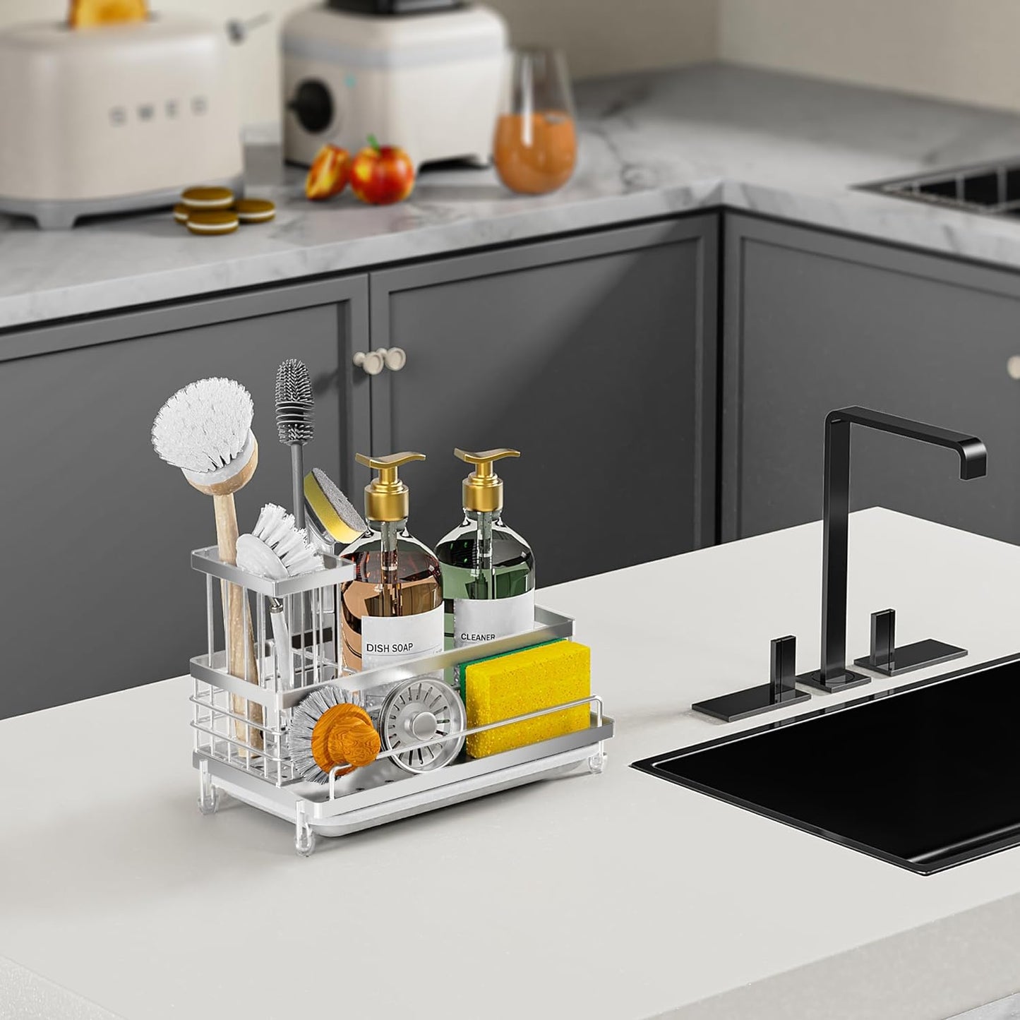 Cisily Large Capacity Kitchen Sink Caddy Organizer, Rustproof Non-Slip Sponge Holder With Dish Brush Holder Organizer, Kitchen Organization and Storage, Essentials Accessories for Countertop