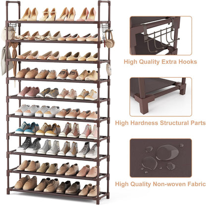 VTRIN 10 Tiers Tall Shoe Rack Holds 20-25 Pairs of Shoes Sturdy Vertical Shoe Organizer with 18pcs Hooks Stackable Narrow Shoe Rack for Closet, Entryway Black