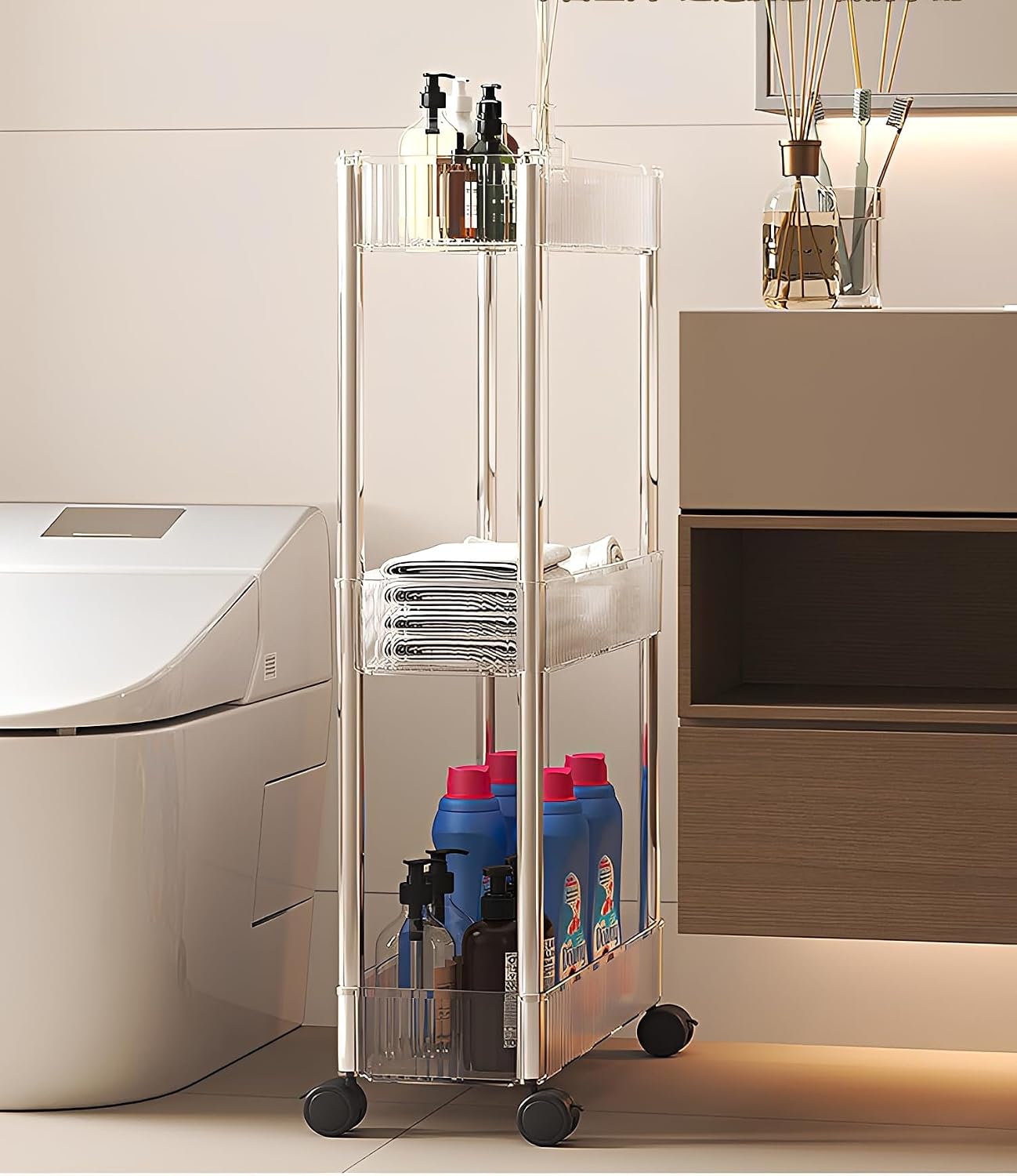 Sooyee 3 Tier Rolling Cart with Wheels, Slim Storage Cart, Under Desk Narrow Rolling Utility Cart Storage Organizer for Office Bathroom Kitchen Laundry Room Narrow Places, White, Plastic and Metal