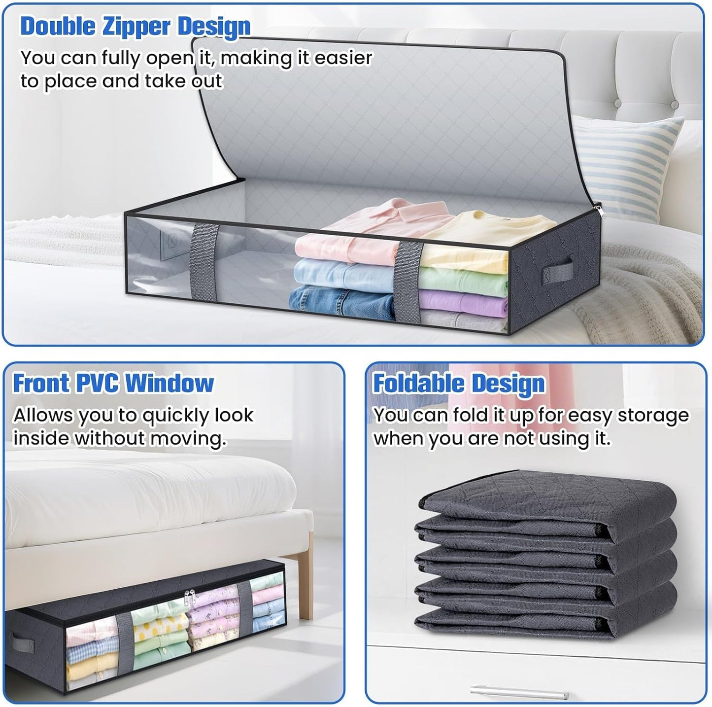 TasticTotes Under Bed Storage Containers, 4 Pack Blanket Storage Bags, Collapsible Storage Bags with Big Zippers, Clear Front, Shoe Storage and Organization for Clothes, Comforter, 60L, Grey