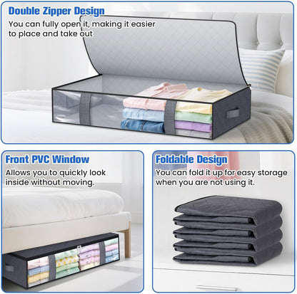 TasticTotes Under Bed Storage Containers, 4 Pack Blanket Storage Bags, Collapsible Storage Bags with Big Zippers, Clear Front, Shoe Storage and Organization for Clothes, Comforter, 60L, Grey