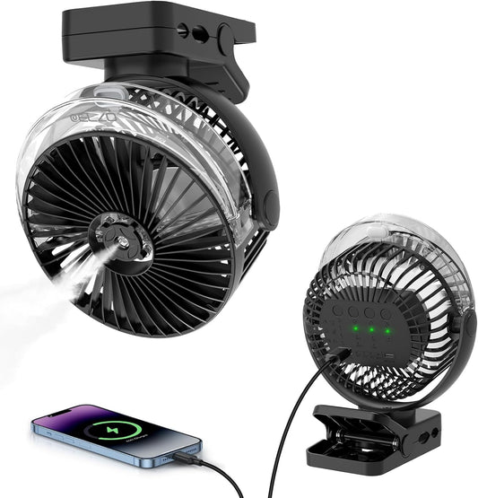 ELZO 12000mAh Clip on Fan, USB Desk Fan Rechargeable with LED Light & Hanging Hook & Magnetic & Spray function, Clip Fan Quiet 360° Rotation Portable for Desktop Stroller Office Tent Car RV