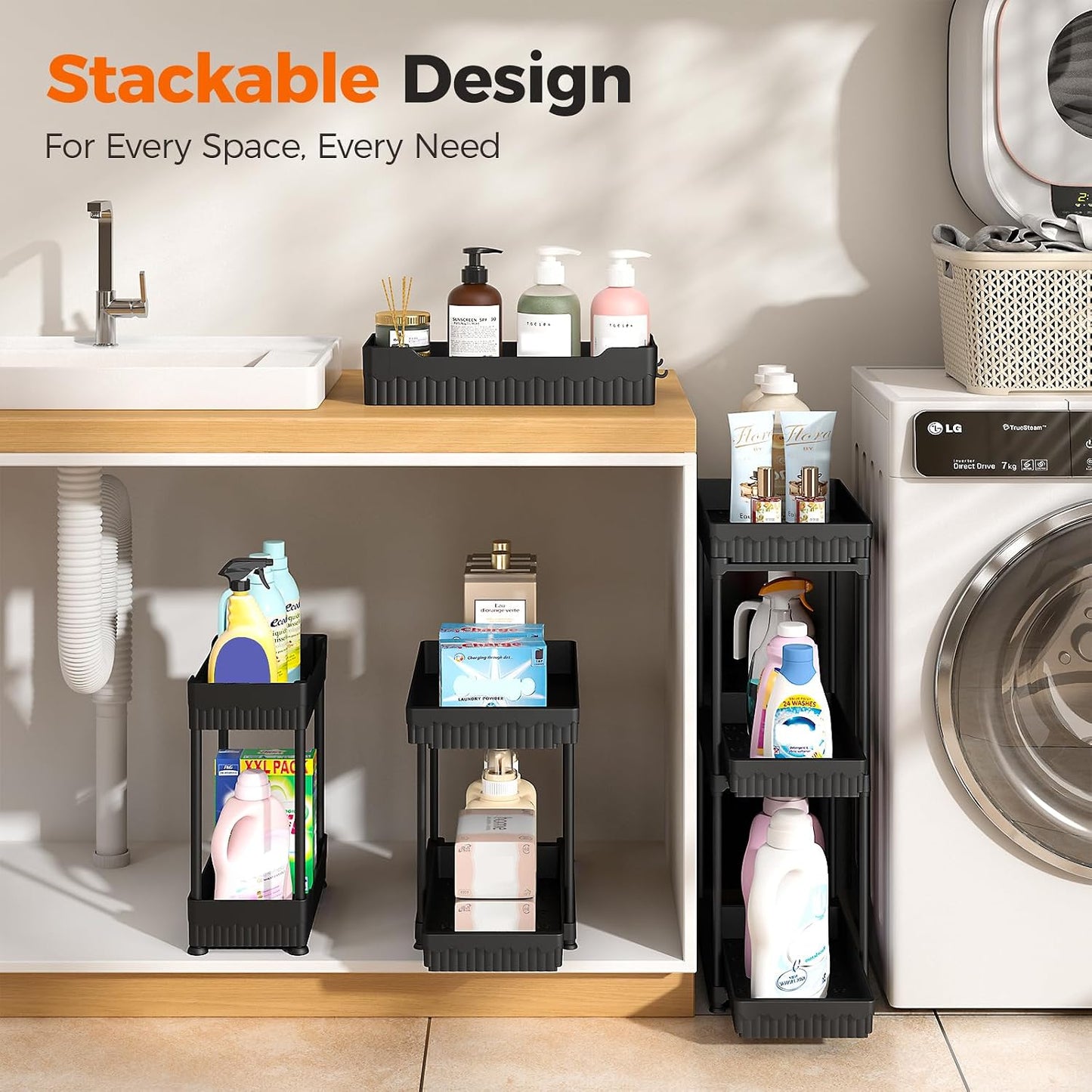 Sevenblue 3-Pack 2-Tier Under Sink Organizers with Sliding Drawers | Multi-use kitchen & bathroom storage, 12.8 inch black cabinet organizer, space-saving sliding drawer design.