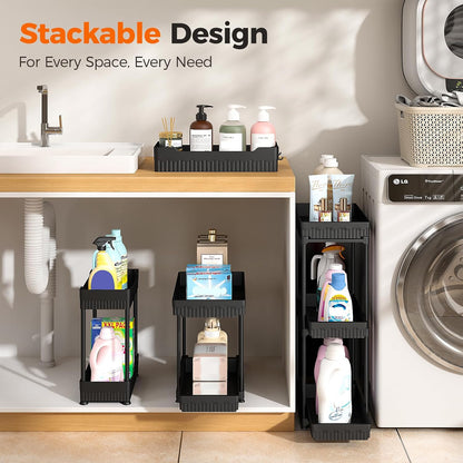 Sevenblue 3-Pack 2-Tier Under Sink Organizers with Sliding Drawers | Multi-use kitchen & bathroom storage, 12.8 inch black cabinet organizer, space-saving sliding drawer design.