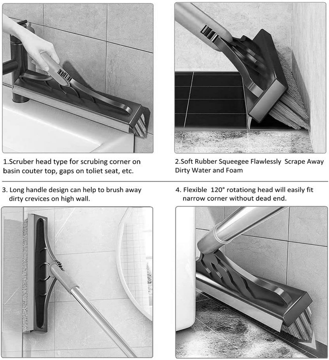 2 in 1 Cleaning Floor Scrub Brush Floor Brush Scrubber New Upgraded 53.5" Long Handle Grout Brush Scrape V-Shape Stiff Bristle Cleaning Brush with Squeegee 120°Rotating Tile Brush for Bathroom