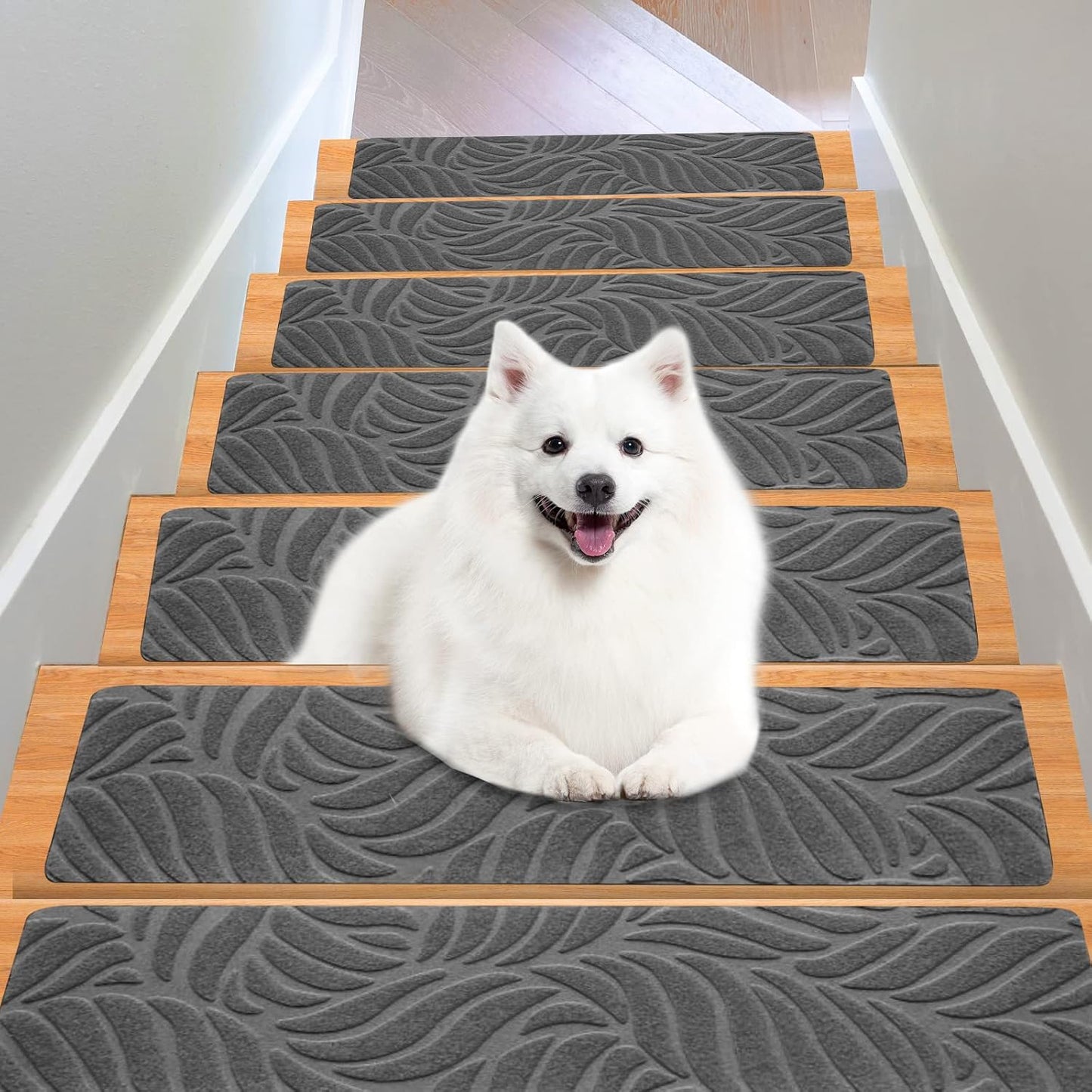 15 Pack 8 "X 30" Non-Slip Carpet Stair Treads for Indoor Wooden Steps, Made of Polyester and Reusable Adhesive, Suitable for Kids Elders and Pets（Black Lines）
