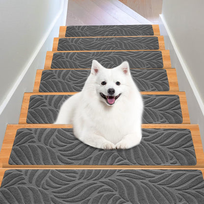15 Pack 8 "X 30" Non-Slip Carpet Stair Treads for Indoor Wooden Steps, Made of Polyester and Reusable Adhesive, Suitable for Kids Elders and Pets（Black Lines）