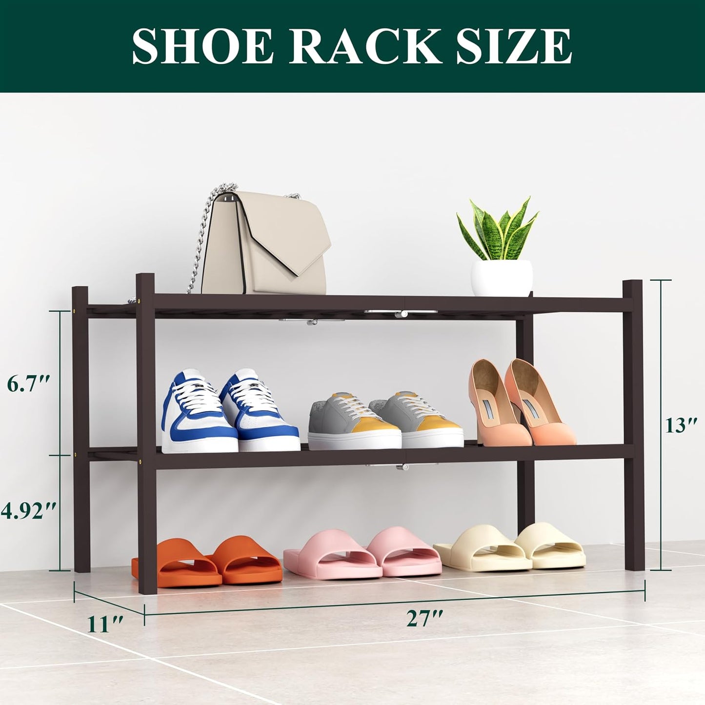 Smiry Bamboo Shoe Rack, 3 Tier Free Standing Wooden Shoe Organizer, Stackable Wood Shoe Storage Shelf for Closet, Entryway, 12 Vertical Slats, 2+1 Stack Standard Legs, 26.8"x11"x19.5", Natural