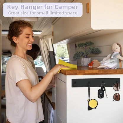 VIS'V Key Holder Wall Mount, Large Adhesive Key Hanger with 4 Hooks, Black | Metal Material, No Drilling, Extra Adhesive Strip, Suitable for Entryway, Hallway, Doorway, Kitchen, Garage, Camper