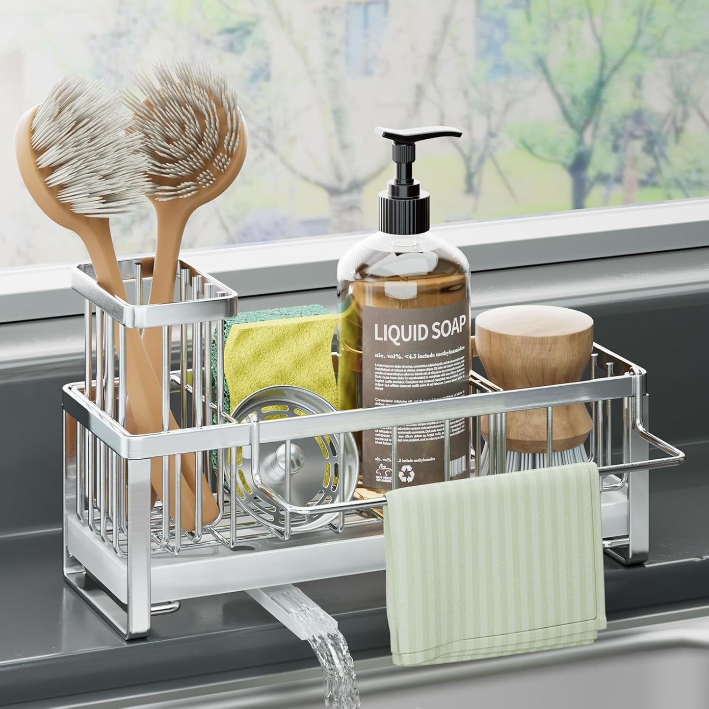 HapiRm Sponge Holder for Kitchen Sink - Self-draining Sink Caddy with Brush and Dishcloth Holders, Stainless Steel Kitchen Countertop Organizers and Storage Essentials - Black