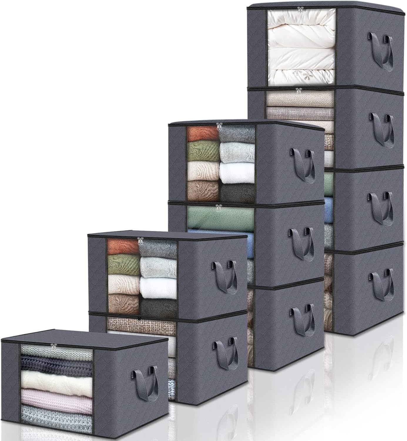 Fab totes 6 Pack Storage Bags for Clothes and Blanket, Foldable Closet Organizers and Storage with Zippers, Clear Window and Handles, Fabric Storage Bins for Sweater, Comforter, Bedding,Linen Sheets