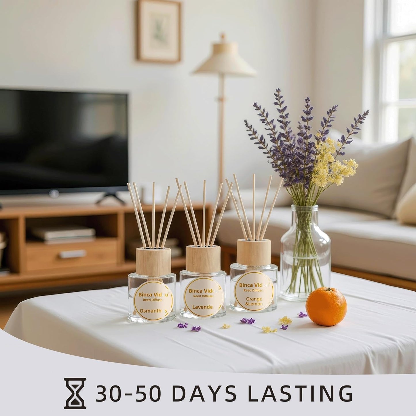 Reed Diffuser Set, Binca Vidou Lavender & Vanilla Natural Scent Oil Diffusers with Sticks for Home Office Bathroom Aromatherapy Decor 1.69oz x 2