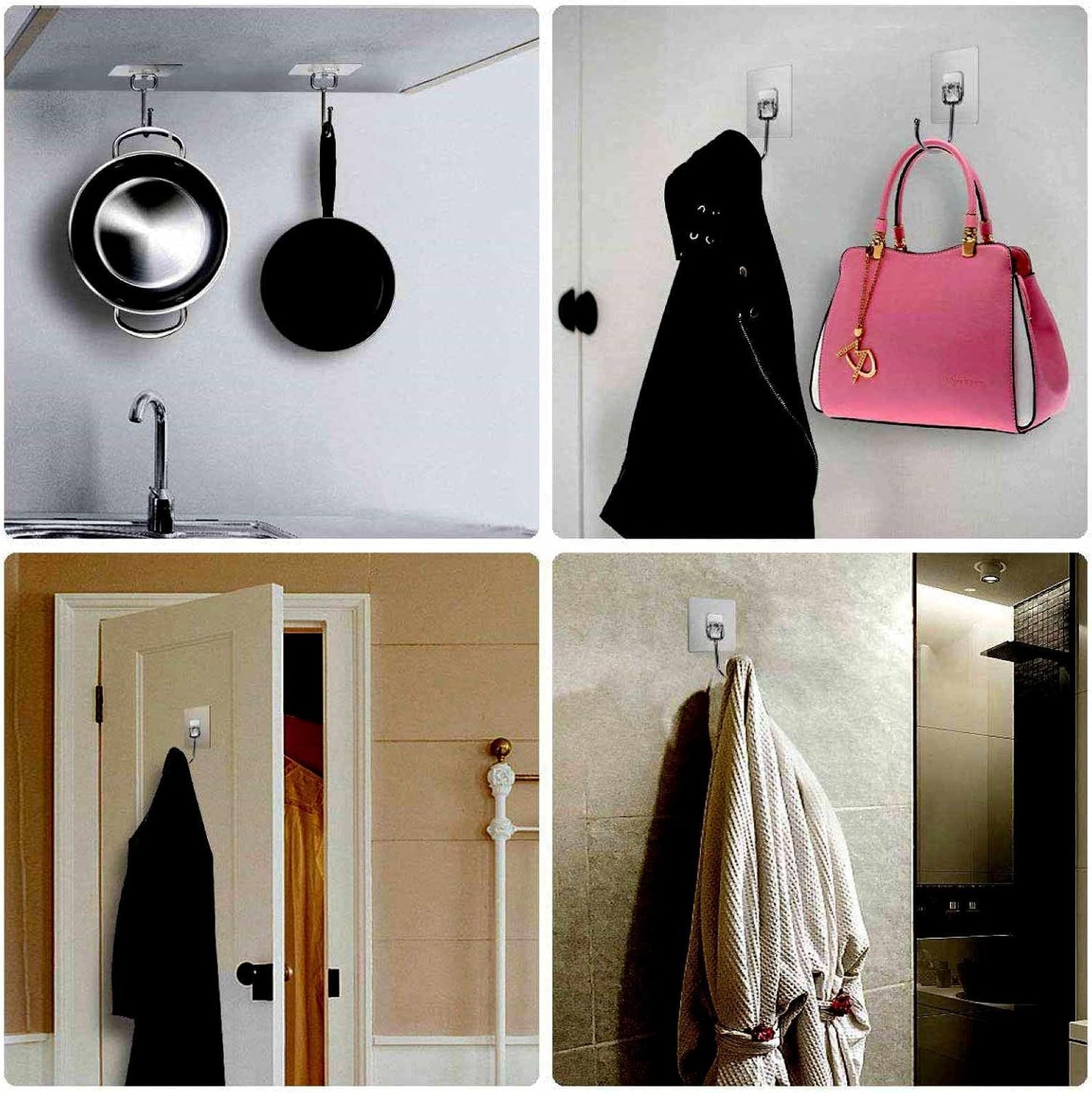 Large Adhesive Hooks, 20 Black Heavy-Duty 40 lb Adhesive Wall Hooks, Waterproof, Rustproof, Ideal for Hanging, Suitable for Bathroom, Kitchen, Home, Ceiling and Window