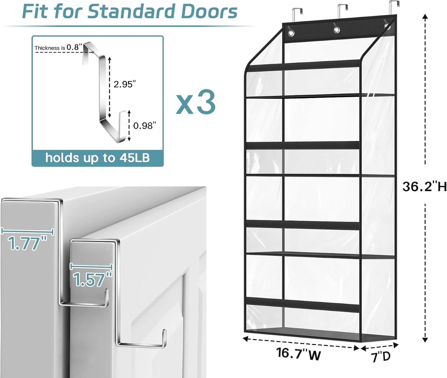 AOODA Clear Over the Door Hat Racks for Baseball Caps, Large Holds up to 72 Caps Hat Storage Organizer for Closet Wall, Deep Pockets Hanging Snapback Holder Shelves with 3 Hooks, White