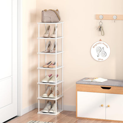 Vertical Tall Shoe Rack Organizer for Entryway -7 Tier Free Standing Slim Narrow Bamboo Wood Corner Stackable Shoe Boots Storage Stand Small Spaces for Closet Garage Cloakroom Living Room (Black)