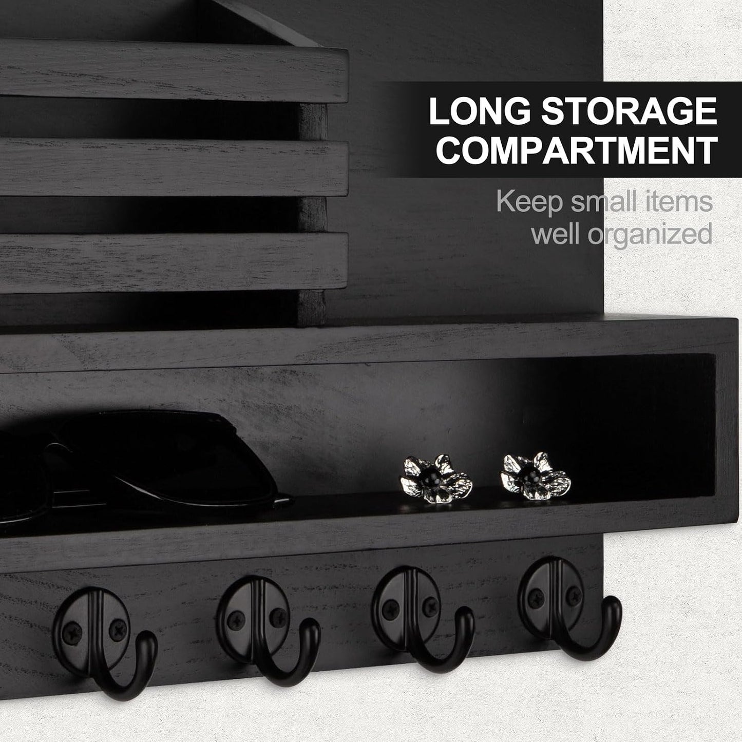 Key and Mail Holder Wall Mount, Key Hanger with Long Storage Box and 5 Hooks for Coat, Dog Leash, Home Decor Rack, House Accessories, Entry Way Organizer 11.8”W x 7.8”H x 3.2”D