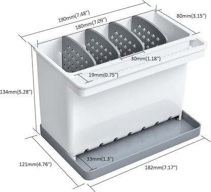 JOMOLA Kitchen Sink Organizer Dish Brush Sponge Holder Caddy Toothbrush Holders for Bathrooms Sinkware Kitchen Utensil Holder Sink Caddy Organizer with 4 Separate Dividers Removable Drain Tray (Grey)