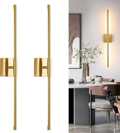 Morauroral Battery Operated Wall Sconces Set of 2, 10000mAh Rechargeable Sconces, 3000K-6000K Dimmable LED Wall Lamp with Remote, 24 Inch Black Gold Wireless Wall Lights for Bedroom, Living Room