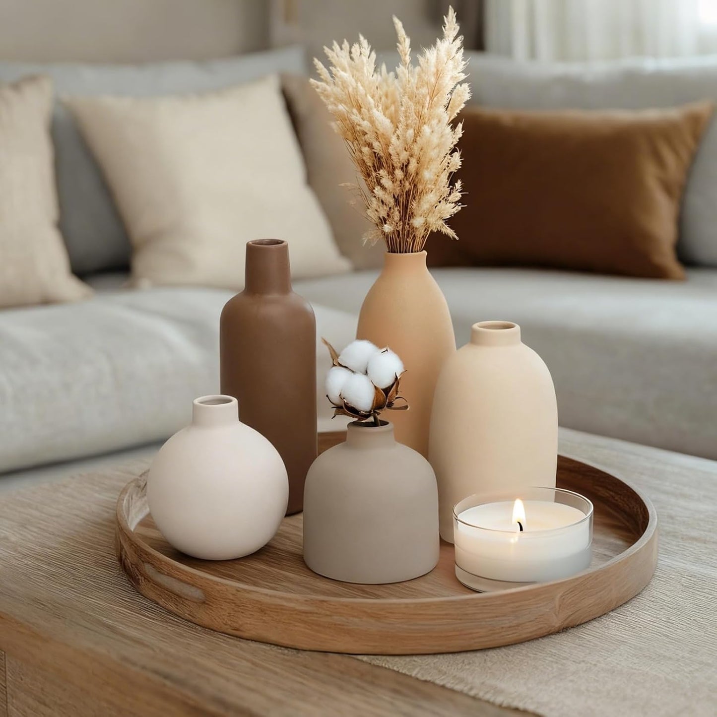 CUCUMI Ceramic Vase Set of 5, Home Decor Farmhouse Décor Handmade Pottery Vases for Pampas Grass, Dried Fresh Flowers, Table, Living Room, Kitchen, Shelf, Entryway Mantel Neutral Tones