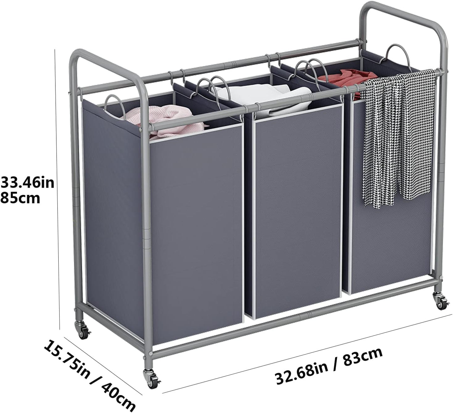 LINZINAR 3-Bag Laundry Hamper, Black Laundry Basket, 35.6 Gal(135 L) Laundry Sorter Cart Laundry Room Organization with Heavy Duty Rolling Lockable Wheels and Removable Bags