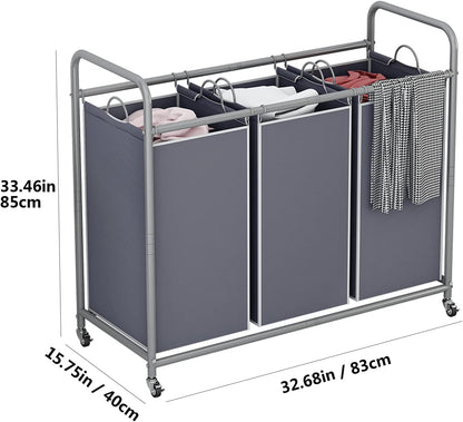 LINZINAR 3-Bag Laundry Hamper, Black Laundry Basket, 35.6 Gal(135 L) Laundry Sorter Cart Laundry Room Organization with Heavy Duty Rolling Lockable Wheels and Removable Bags