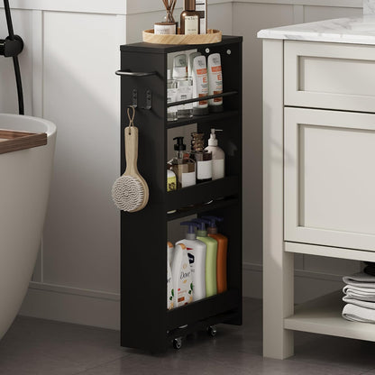 ChooChoo 4-Tier Slim Storage Cart, 7.87 inches Wide Narrow Storage Cabinet with 360° Wheels and 2 Hooks, Space-Saving Organizer for Kitchen, Narrow Places, Dining Room, Walnut+White