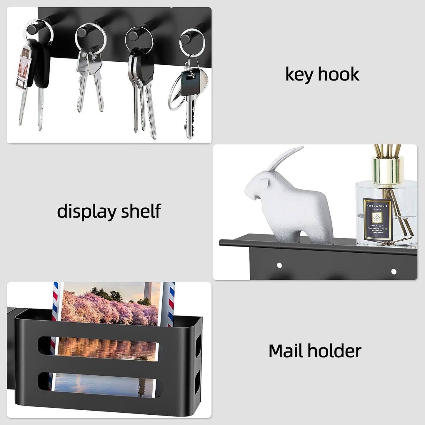 MKO Key Holder Wall Mount, Key Holder Wall Mount Adhesive with Mail Organizer Tray with 6 Key Hooks for Wall, Black