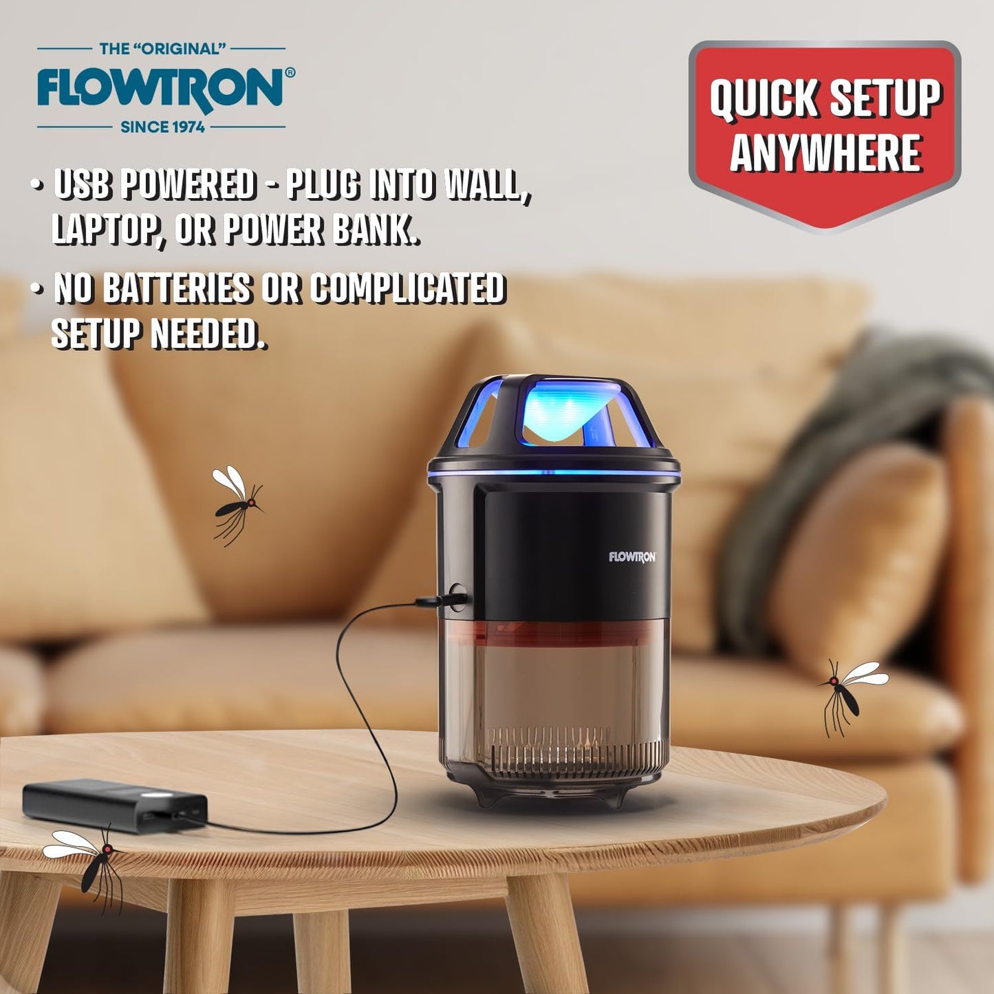 Flowtron Indoor Bug Trap | UV Light Mosquito Trap with Fan, 860 Sq Ft Coverage, USB-C Powered Insect Catcher for Kitchen, Bedroom, Restaurant | Quiet Fly Trap for Indoor Use