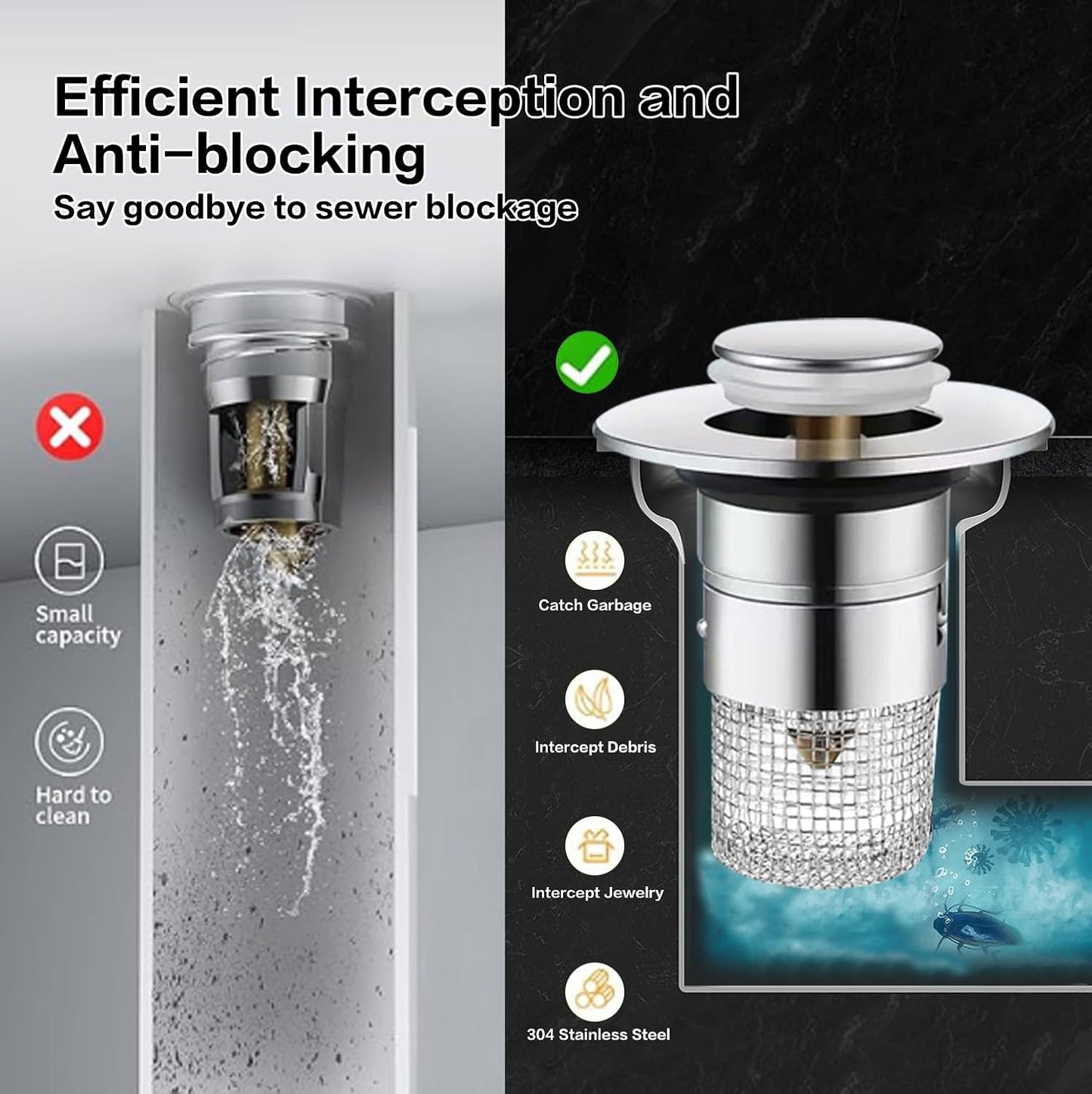 Bathroom Sink Drain Strainer, Pop Up Sink Drain Strainer with Removable Stainless Steel Filter Basket Hair Catcher, Sink Drain Plug for Bathroom Sink Stopper Replacement (Silver)