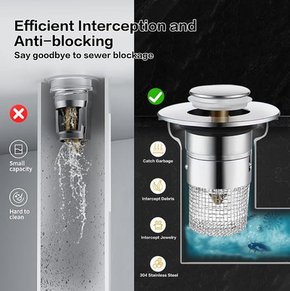 Bathroom Sink Drain Strainer, Pop Up Sink Drain Strainer with Removable Stainless Steel Filter Basket Hair Catcher, Sink Drain Plug for Bathroom Sink Stopper Replacement (Silver)