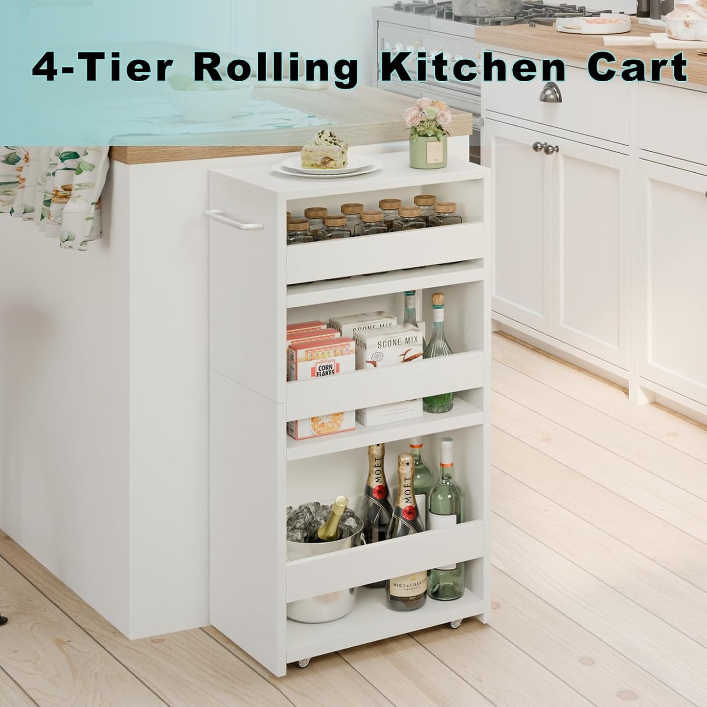 MARTY Slim Rolling Storage Cart 4-Tier Kitchen Cart with Wheels, Laundry Room Storage with Handle Slide Out Utility Cart Shelving Unit Organizer Trolley for Narrow Places Bathroom Small Corner, Black