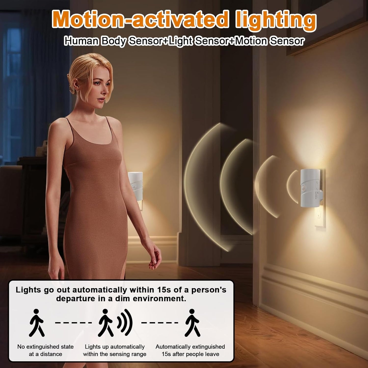 LED Night Light Plug in, Modern Night Lights Plug into Wall, Motion Activated Night Light, 0-100LM Soft White 3000K, Adjustable Brightness Night Lights for Hallway Bedroom Stairway, 2 Pack